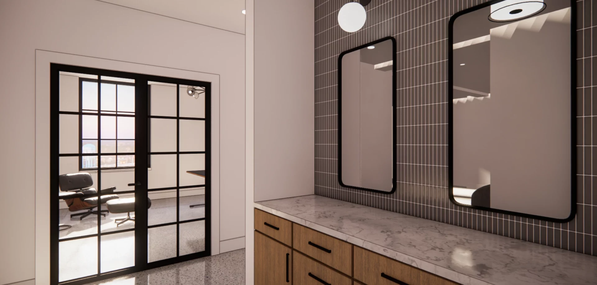 a bathroom with a marble counter top and a glass door.